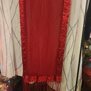Bold Red Sheer Scarf with Ornate Fringe Detailing